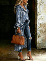 Women's Vintage Floral Art Casual Ruffled V-neck Cotton Shirt