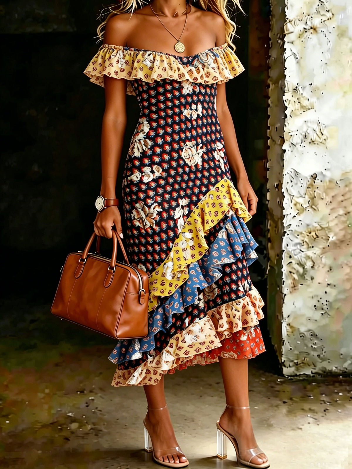 Women’s Stylish Multicolor Off-shoulder Ruffle Midi Dress