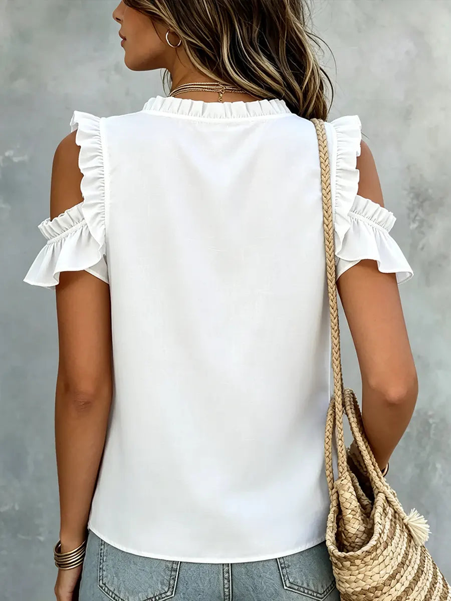 Off-the-shoulder Stylish Loose-fit Cotton Top With Ruffles And Button Decoration