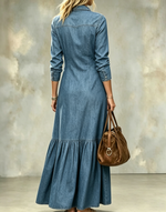 Retro Button Up Ruffle Maxi Denim Dress