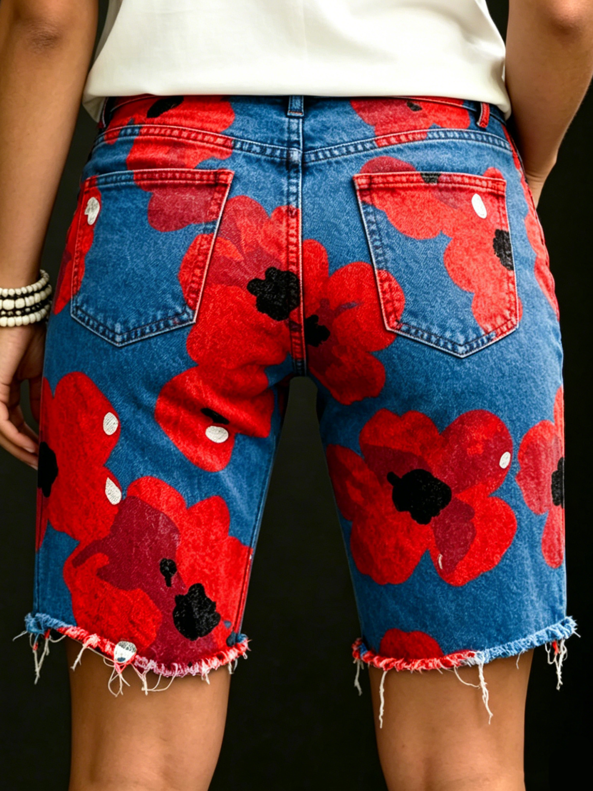 Women's Vintage Poppy Floral Art Print Casual Denim Shorts