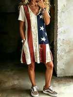 Women's American Flag Print V-neck Short-sleeve Dress