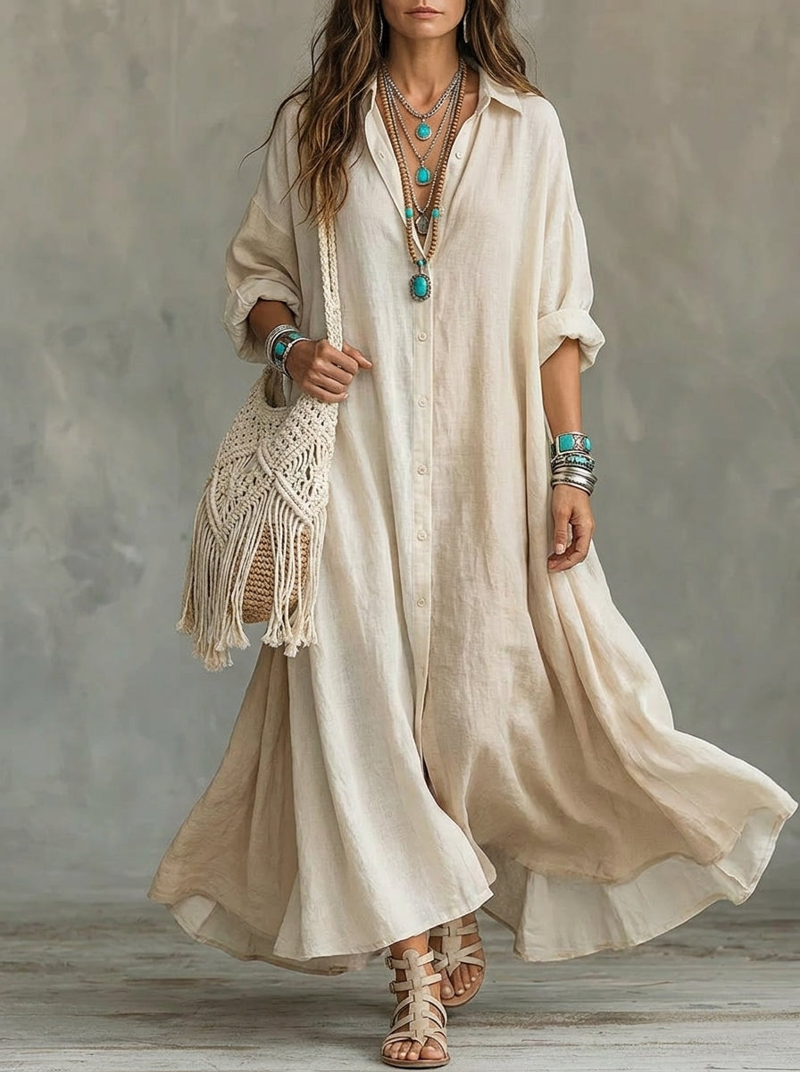 Women's Button Front Long Sleeve Maxi Shirt Dress
