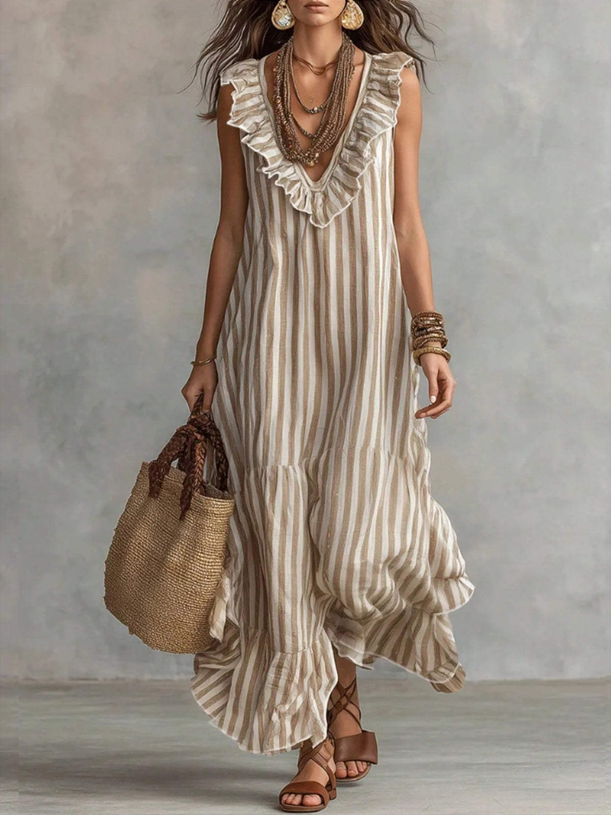 Women's V-neck Ruffled Summer Stripe Maxi Dress