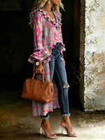 Women's Paisley Floral Art Casual Ruffled V-neck Cotton Shirt