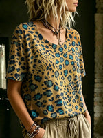 Women's Vintage Leopard Totem Art Printed Casual Round Neck Short Sleeve Cotton T-shirt