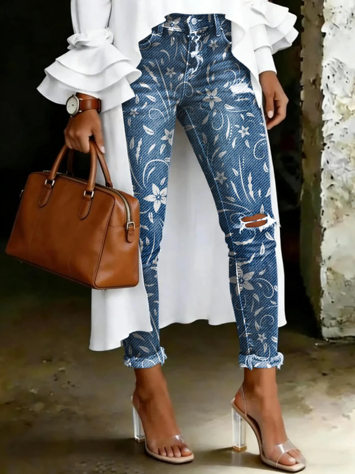 Women's Vintage Ethnic Floral Print Casual High-waisted Ripped Skinny Jeans