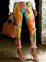 Women's Bohemian Colorful Abstract Art Ripped Skinny Jeans