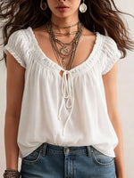 Womne's Stylish Wide Round Neckline Loose-fit Cotton Top With Ruffles
