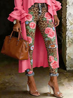 Women's Leopard Floral Art Print Art Ripped Skinny Jeans