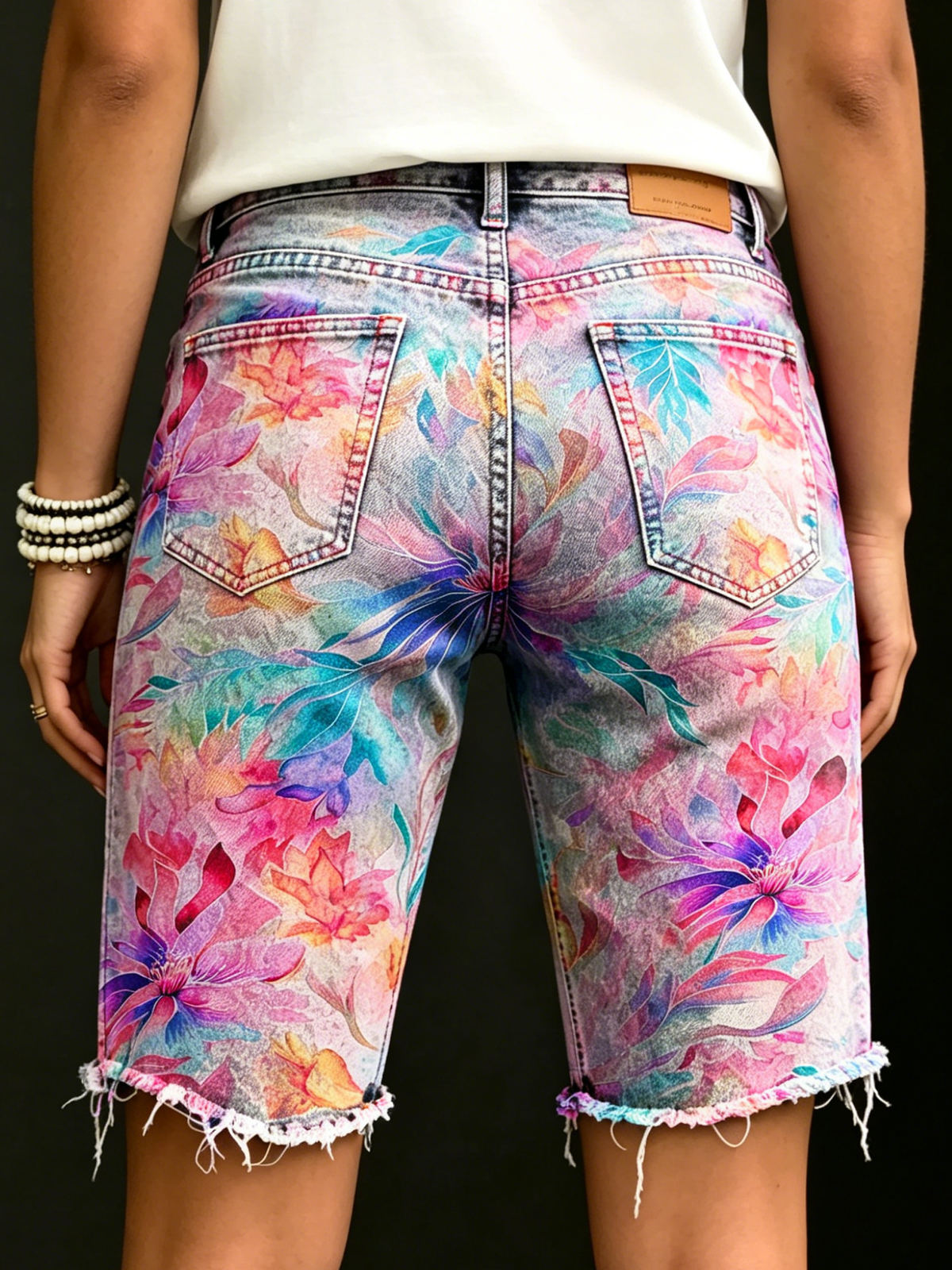 Women's Color Gradient Floral Print Casual Denim Shorts