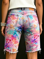 Women's Color Gradient Floral Print Casual Denim Shorts