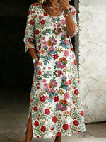 Women's Casual Retro Floral Print Cotton Linen Dress Round Neck And Side Slits