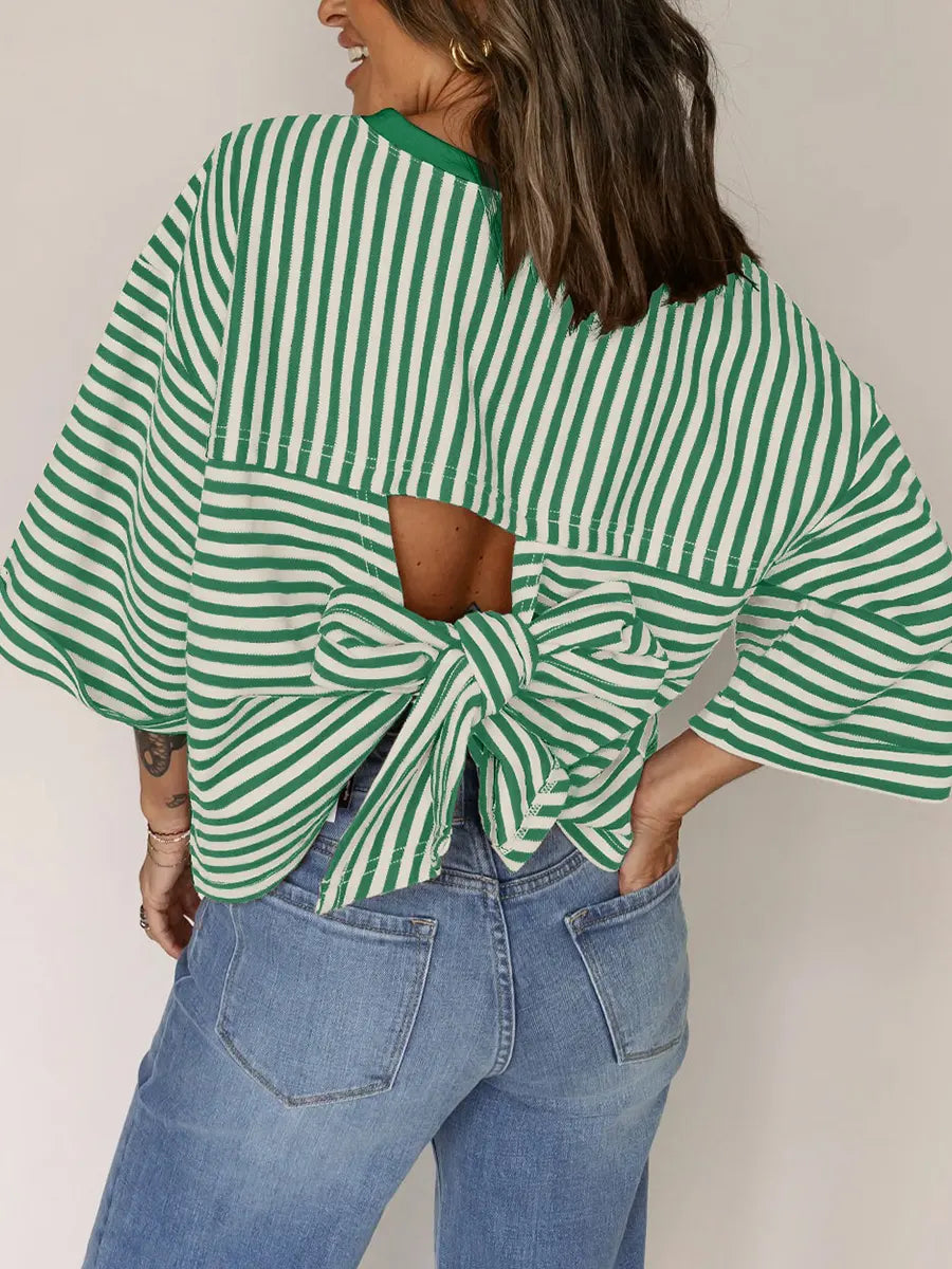 Women's Casual Crew-neck Striped Short-sleeve Top With Back Tie-bow Detail