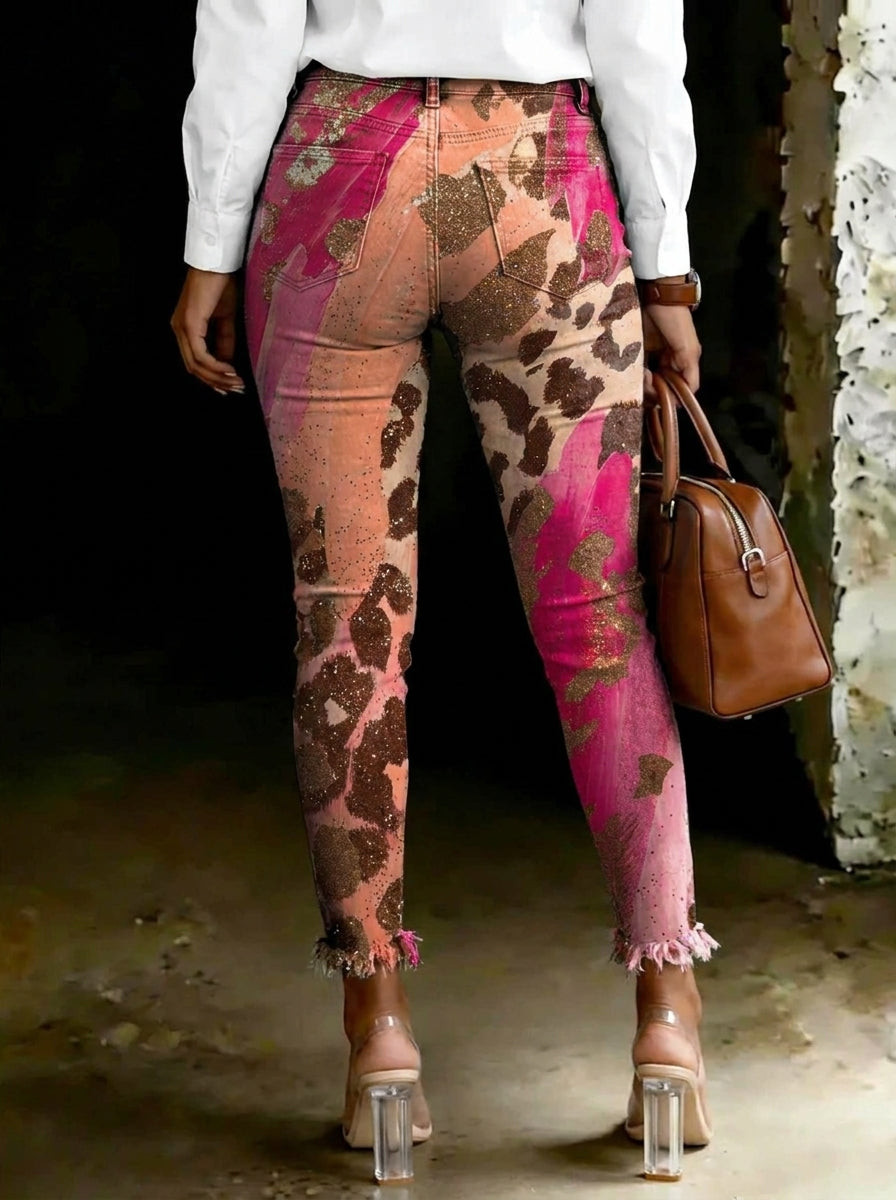 Women's Leopard Print Art Ripped Skinny Jeans