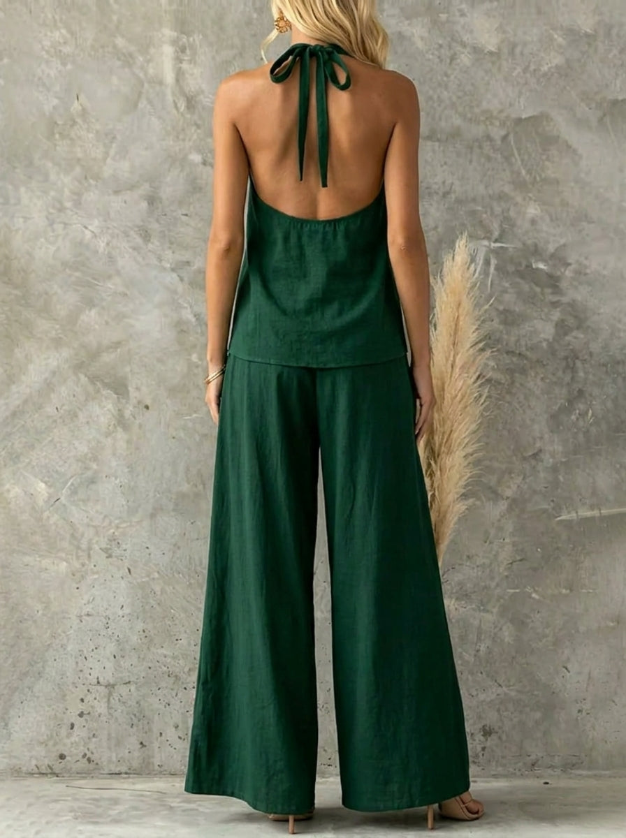 Women's Vintage Green Sleeveless Backless Top Trousers Set