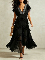 Women's Elegant V-neck Ruffled Flowy Maxi Dress
