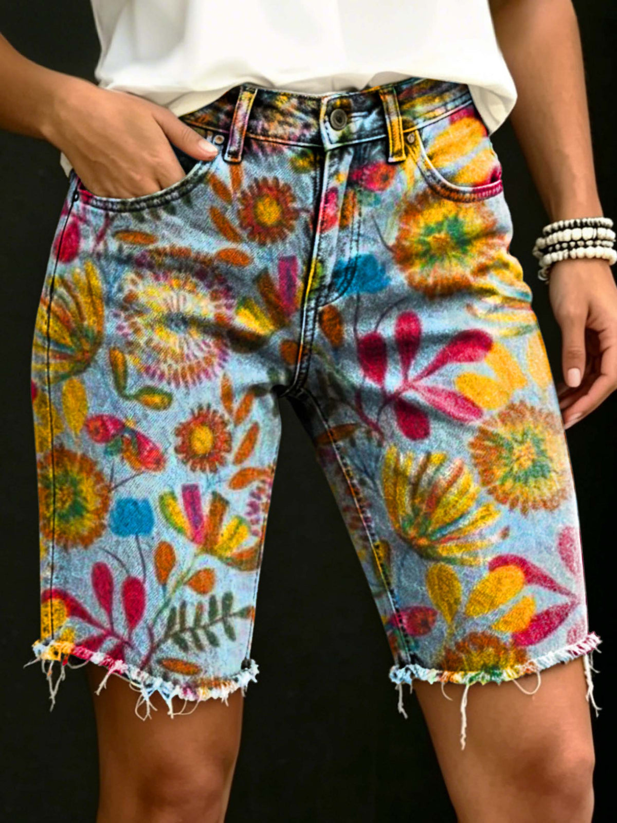 Women's Vintage Ethnic Floral Print Casual Denim Shorts