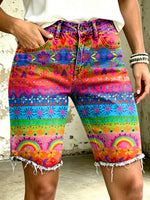 Women's Vividly Rainbow Floral Totem Art Print Casual Denim Shorts
