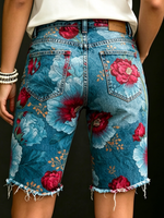 Women's Vintage Floral Print Casual Denim Shorts