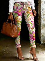 Women's Retro Ditsy Floral Art Ripped Skinny Jeans