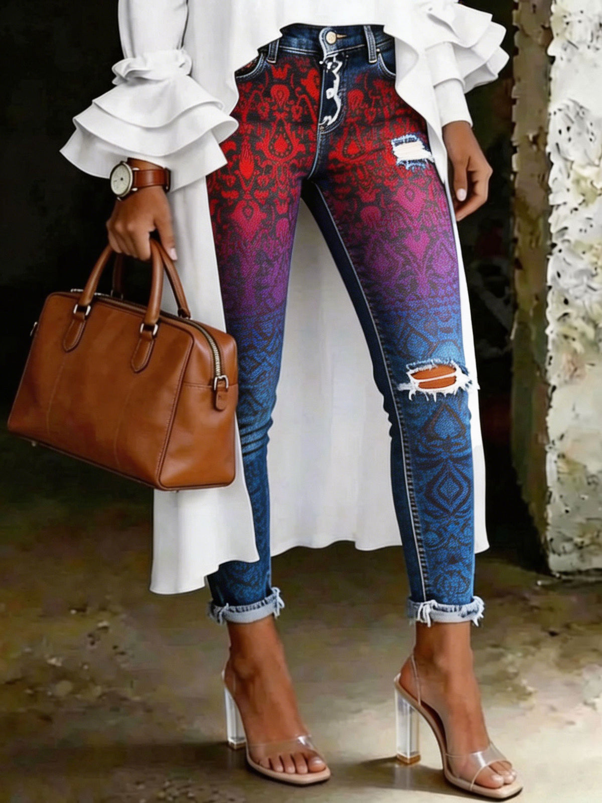 Women's Abstrct Multicolor Art Print Art Ripped Skinny Jeans