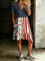 Women's American Flag Print V-neck Short-sleeve Dress