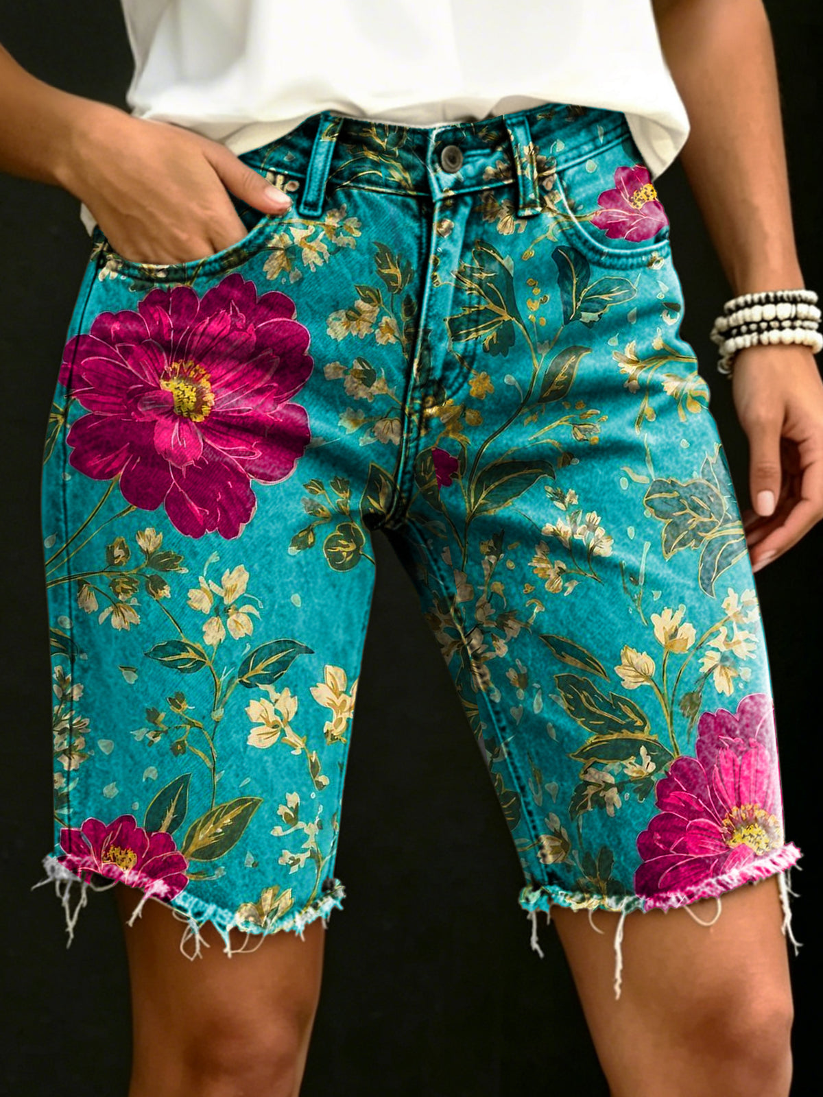 Vintage Floral Art Print Casual Denim Shorts