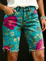Vintage Floral Art Print Casual Denim Shorts