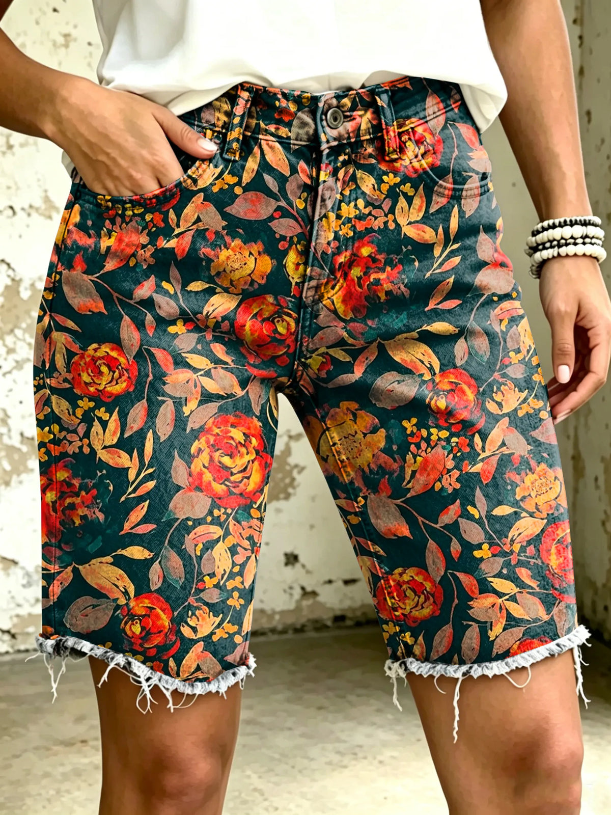 Women's Vividly Floral Totem Art Print Casual Denim Shorts