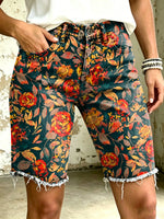 Women's Vividly Floral Totem Art Print Casual Denim Shorts