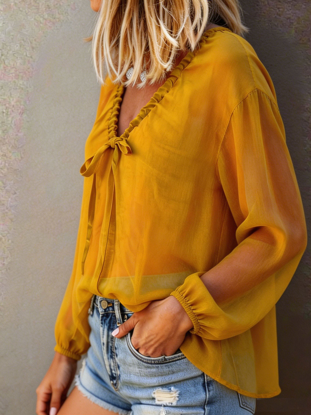 Women's Summer Casual Long-sleeve Loose Drawstring Neckline Organza Top