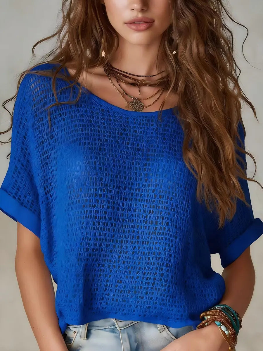 Casual Vacation Style Bohemian Crochet-knit Solid-color Short-sleeve Sweater