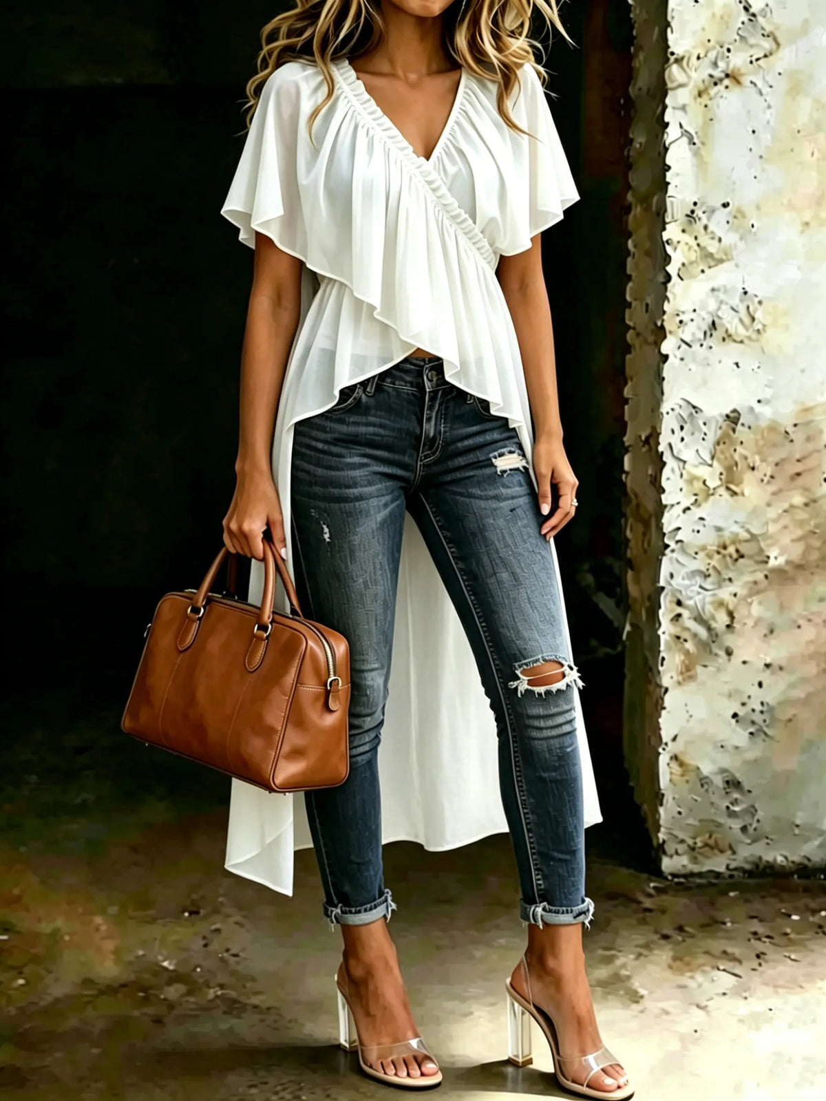 Women's V Neck High Low Chiffon Top Ruffle Short Sleeve Asymmetric Flowy Blouse Shirt
