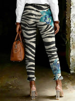 Women's Floral Zebra Print Art Ripped Skinny Jeans