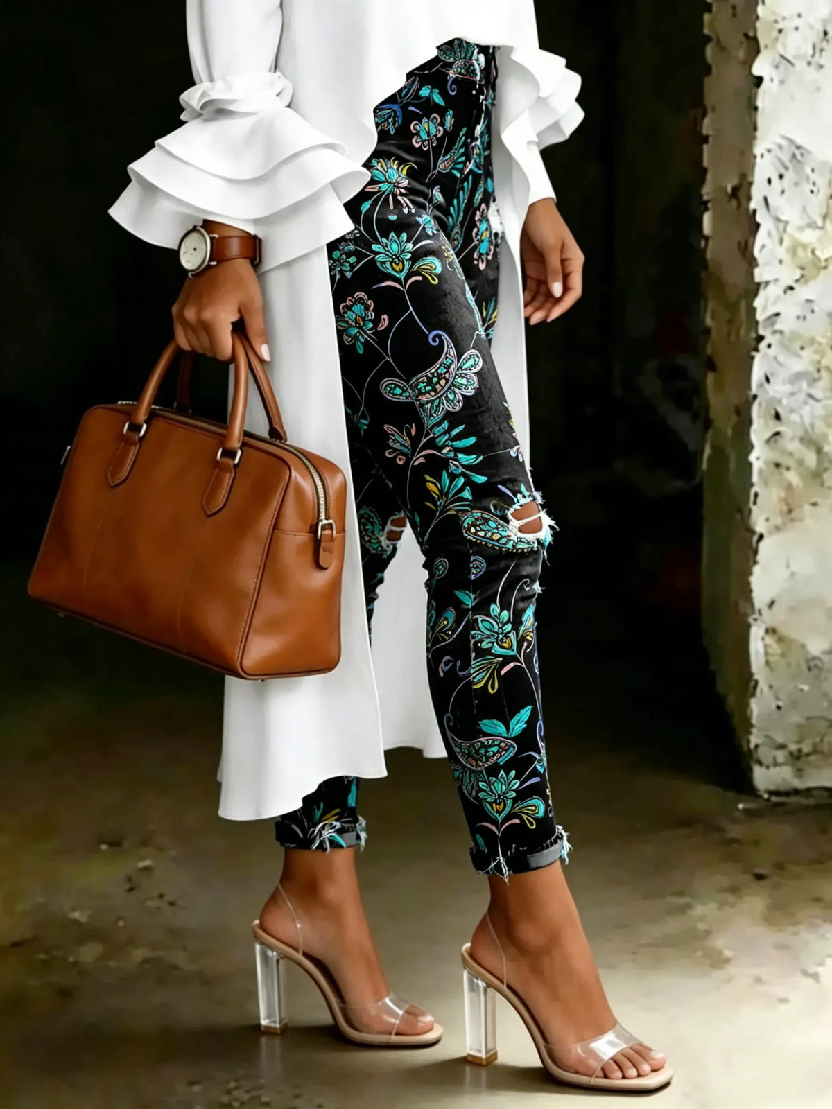 Women's Vintage Floral Print Casual High-waisted Ripped Skinny Jeans