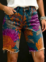 Women's Floral Art Print Casual Denim Shorts