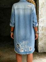 Women’s Casual Brushed Denim Distressed Holes Shirt Dress