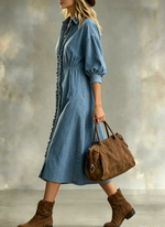 Women's Ruffle Denim Midi Dress - Puff Sleeve Button Down Western Jean Shirt Dress