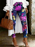 Women's Fashion Casual Multicolor Flowers Art Print Ripped Skinny Jeans