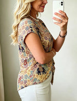 Bohemian Summer Holiday Printed Tee - Short Sleeve Twist Knot Waist Top