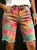 Colorful Gradient Floral Art Print Casual Denim Shorts