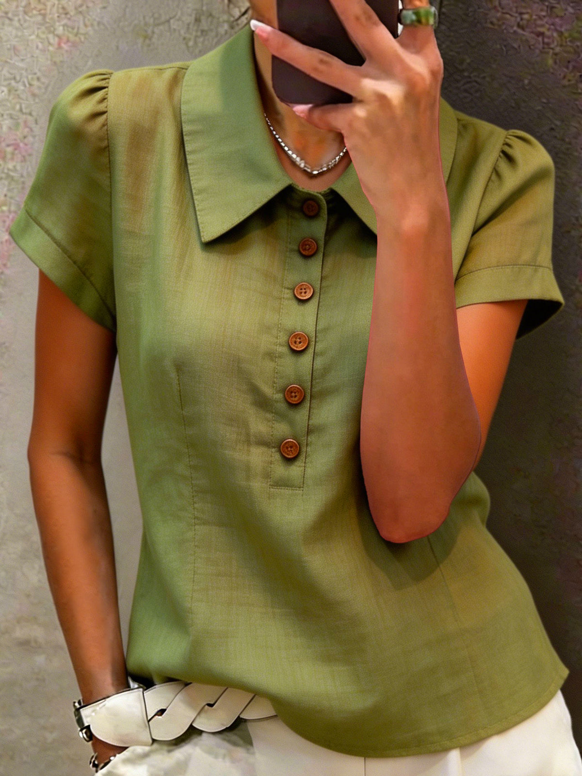 Women's vintage causal Puff-sleeve short-sleeve button top