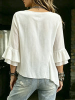 Women's Boho Casual Round Neck Ruffle Hem White Blouse