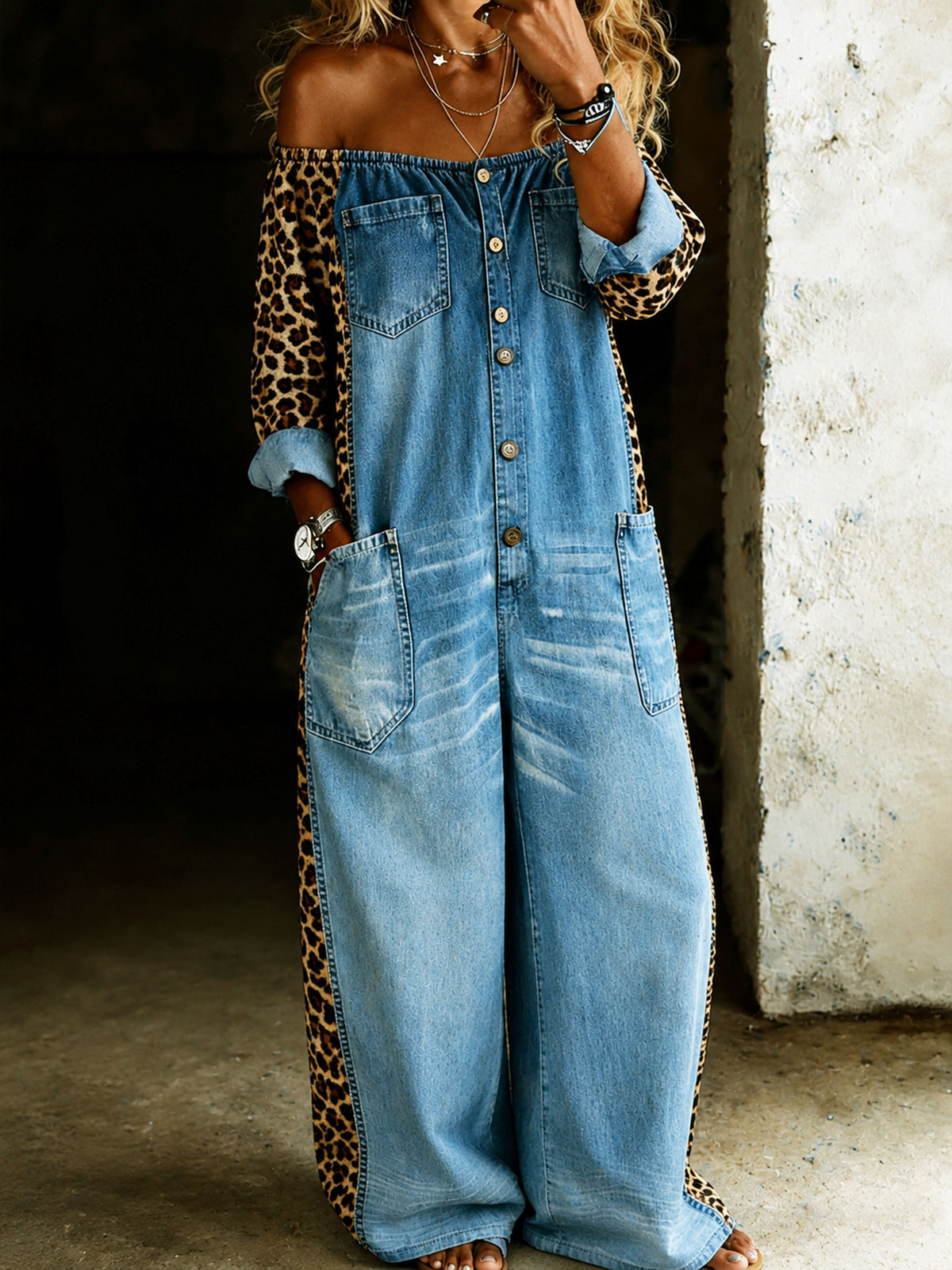 Women’s Leopard Patchwork Casual One Piece Denim Jumpsuit