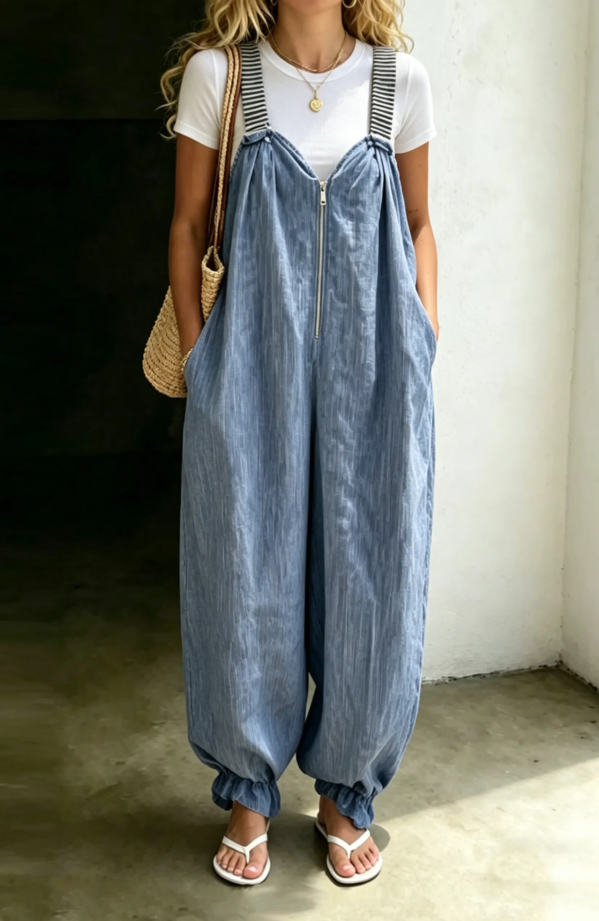 Women's Loose Denim Jumpsuit With Striped Straps, Casual Front Zip Harem Romper With Pockets