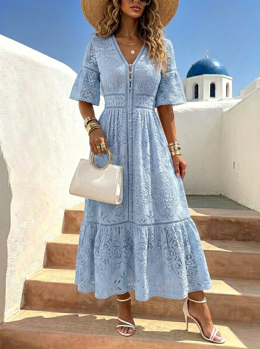 Women’s V-neck Short-sleeve Cut-out Details And Single-breasted Closure Lace Dress