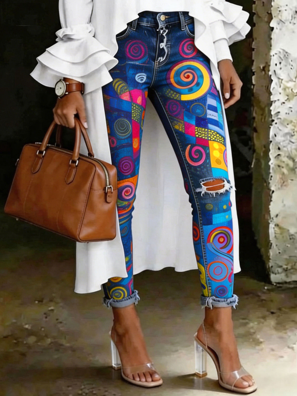 Women's Multcolor Abstrct Art Print Art Ripped Skinny Jeans