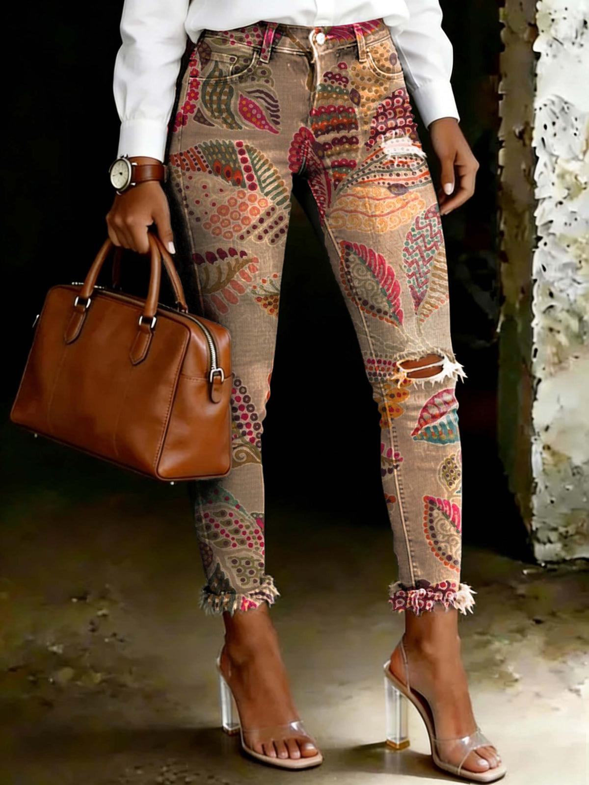 Women's Vintage Paisley Ethnic Leaf Motif Art Ripped Skinny Jeans