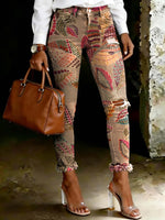 Women's Vintage Paisley Ethnic Leaf Motif Art Ripped Skinny Jeans